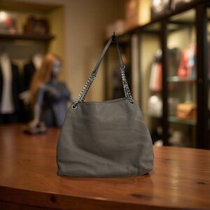 Michael Kors Leather Shoulder Bag Chain Strap Charm Large Gray Tote Hobo Handbag